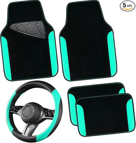 CAR PASS Faux Leather Steering Wheel Cover and Waterproof Car Floor Mats,Universal Car Combo Fit for 95% Sedan,SUV,Cars,14.5-15inch Sporty Anti-Slip Safety Comfortable Design(Black＆Mint)