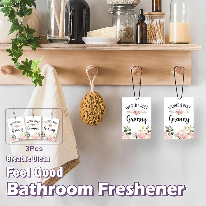 Granny Grandma Gifts Car Air Freshener Accessories 3pcs,World's Best Gifts for Granmda Christmas, Pink Flower Rustic Hanging Scent Lavender Fragrance Card for Women Closet Bathroom Home Decor