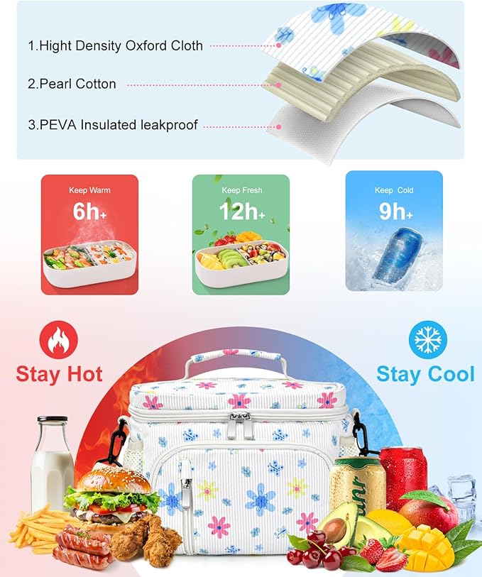 Insulated Lunch Bag for Men & Women, 9L Leakproof Lunch Box Soft Cooler Tote with 5 Pockets, 600D Oxford, EVA Lining, Adjustable Strap for Work, Picnic, Beach&Travel-Corduroy Colored Flowers