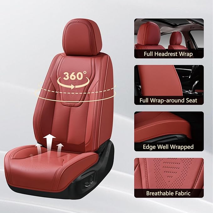 FLORICH Car Seat Cover Full Set, Red Automotive Seat Covers, Luxury Faux Nappa Leather Car Seat Protectors, Car Seat Cushions Universal Fit for Most Sedans SUVs Trucks - Red