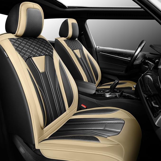 Fit Tucson Car Seat Covers Premium Leather for Hyundai Tucson 2010-2025 2026. Waterproof， Breathable, Scratch-Resistant & All-Weather Seat Cushion Protector (Front Seat, Beige&Black)