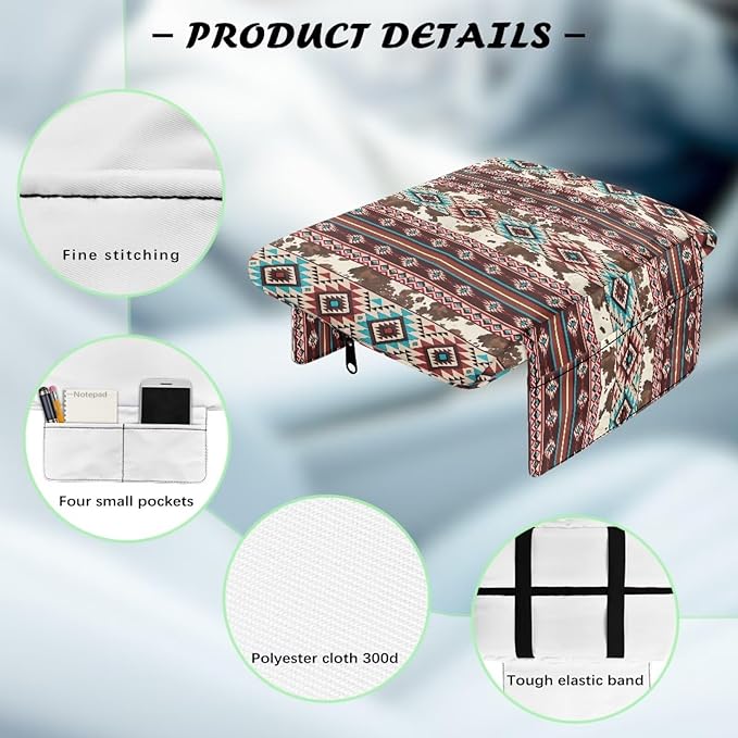 Wanyint Aztec Brown Cow Print Car Center Console Cushion Cover Comfortable Armrest Seat Box Lid with Organizer Pockets Anti-Scratch Arm Rest Covering Suitable for Most Cars SUVs Trucks