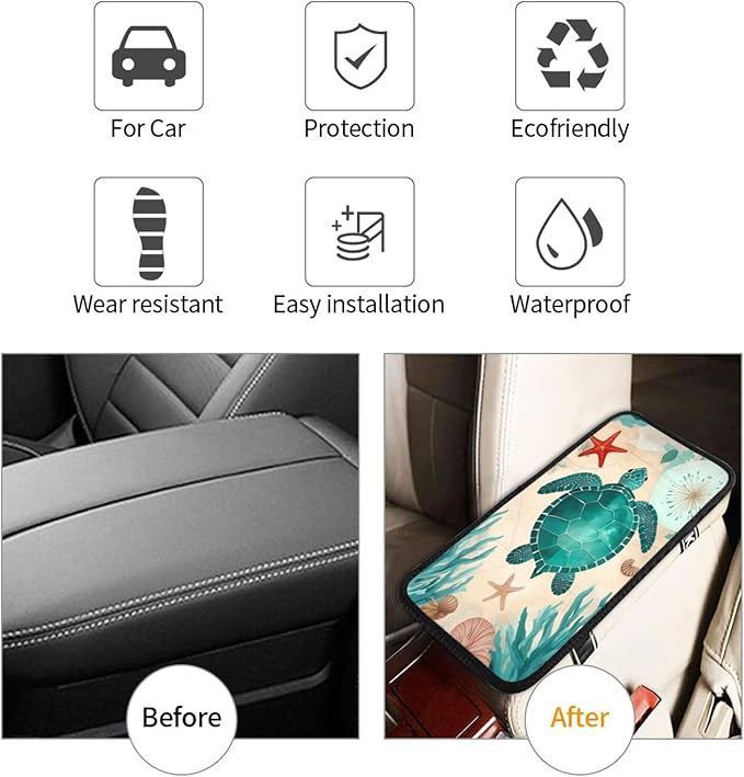 Universal Car Center Console Cushion Pad, Chubby Sea Turtle Soft Waterproof Car Center Console Cover Auto Armrest Seat Box Cover Protector for Most Vehicle SUV Truck Car