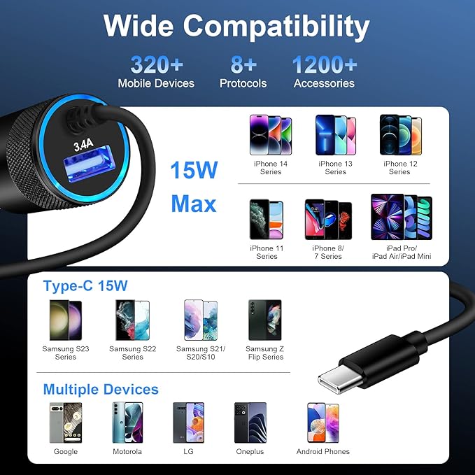 Type C Fast Car Charger for Samsung Galaxy A17/A16/A15/A14/5G/S26/S25/A56/A35/A55/A54/A13/S24 FE/S24/S23 Ultra/A53, iPhone 17e 16e, 3.4A Fast Charging Android Phone Car Charger Adapter 3FT USB C Cable