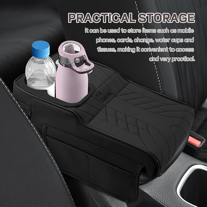 Car Center Console Armrest Pillow, 13.4"×7.5"×2" Leather Auto Arm Rest Cover with Pocket & Tissue Box & Cup Holder, Multifunctional Vehicle Armrest Cushion Pad, Car Accessories (Black)