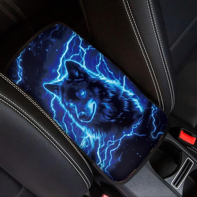Lightning Wolf Car Center Console Cushion Pad Decorative Non Slip Armrest Box Cover Center Console Pad Blue Wolf Automotive Interior Decoration for Truck Sedan SUV