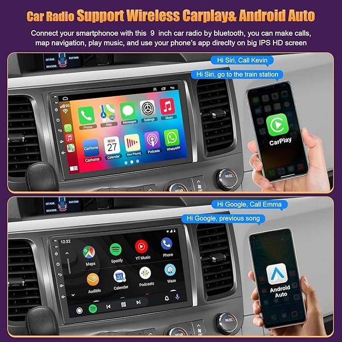 4GB+64GB Car Radio for Toyota Sienna 2011-2014,9 inch QLED Touchscreen Android 13 Stereo - Wireless Carplay & Android Auto,GPS Navigation & Bluetooth