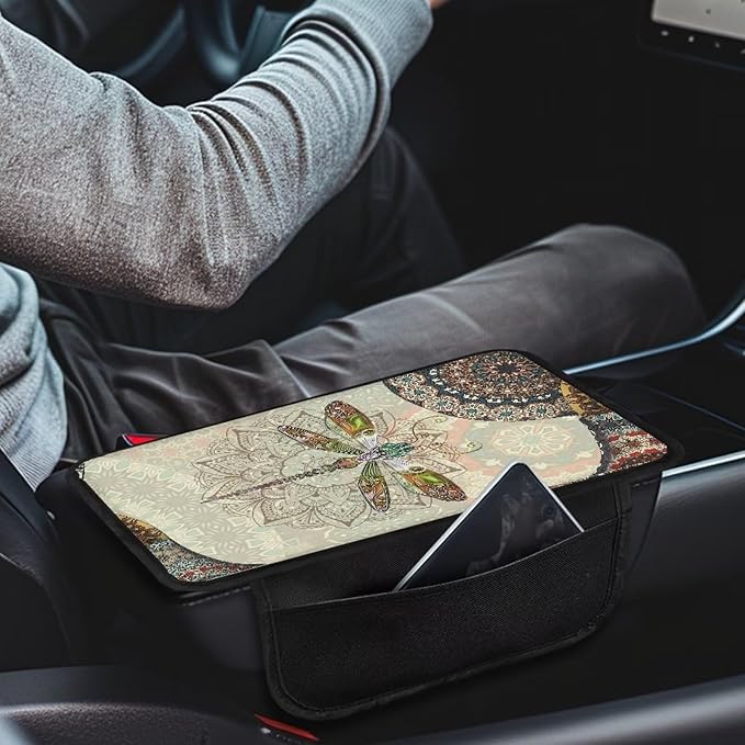 Bohemian Mandala Dragonfly Pattern Car Armrest Cover Non-Slip Auto Center Console Pad Stretchy Car Armrest Cover Cushion Universal Fit for Most Cars Sedan Truck SUV