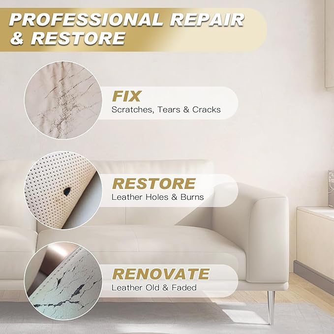 SEISSO Leather Repair Kit for Furniture, Gray Vinyl Repair Kit with Mink Oil Car Interior Leather Recoloring Balm for Scratches, Fading Shoes, Car Seat, Sofa