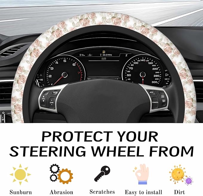 Steering Wheel Cover Accessories Neoprene Cover, Breathable Non-Slip Easy to Install Suitable for Women Men, 14.5-15.5 Inch for Car SUV Van Truck Universal - Pink Rose