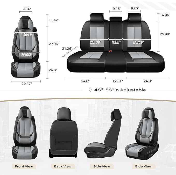 Coverado Seat Covers Full Set, 5 Seats Seat Covers for Cars, Waterproof Nappa Leather Car Seat Covers with Head Pillow, Seat Protectors Car Seat Cushion Universal Fit for Most Cars (Black&Gray)