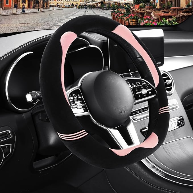 Furry Cute D Shaped Steering Wheel Cover, Soft Fluffy Short Plush Auto Accessories, Non-Slip Cold-Proof Sweat-Proof Colorfast, Universal 15 inch(Black with Pink)