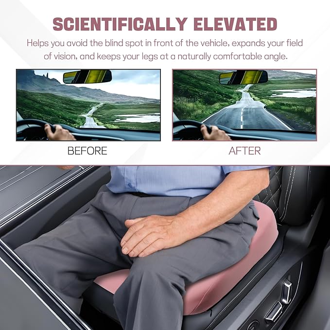 Hovom Car Seat Cushion, Wedge Memory Foam Car Cushion for Driving Seats, Non-Slip Adult Booster Seat Cushions Pad for Driver, Raise Height to Improve Driving Vision & Tailbone Pain Relief (Pink)