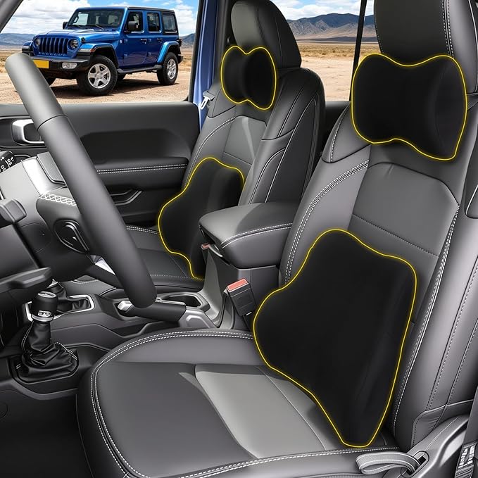 Car Neck & Lumbar Support Pillow Set for Jeep Wrangler, Soft Memory Foam Headrest & Back Cushion, Ergonomic Comfortable Seat Support for Daily Driving and Long Trips Car Interior Accessories