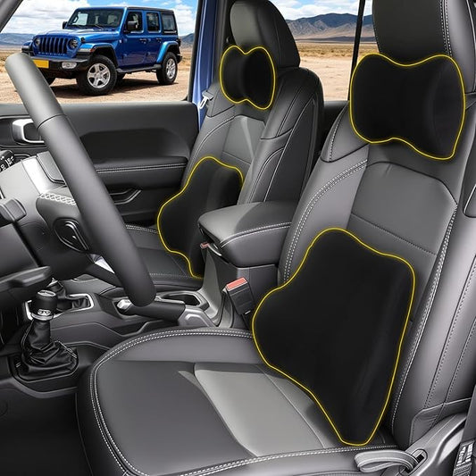 Car Neck & Lumbar Support Pillow Set for Jeep Wrangler, Soft Memory Foam Headrest & Back Cushion, Ergonomic Comfortable Seat Support for Daily Driving and Long Trips Car Interior Accessories