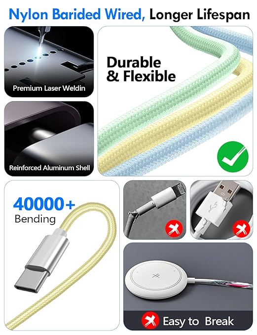 1Pack Multi Charging Cable Cord for Travel Essentials,Apple Watch Charger,iPhone Charger,[3-in-2] Type C/Lightning Cable Portable Designed for iWatch,iPhone 17-8,Galaxy S25-21,AirPods,iPad-4FT Yellow