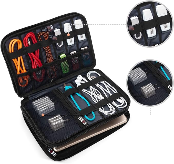 BUBM Double Layer Electronic Accessories Organizer, Travel Gear Bag for Cables, USB Flash Drive, Plug and More, Perfect Size Fits for iPad Mini (Medium, Dark Blue)