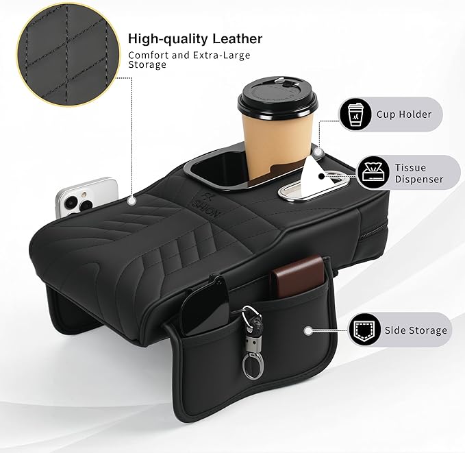 Center Console Cover, Car Armrest Cushion with Cup Holder&Tissue Box, 2 Side Storage Box, Car Armrest Storage Box Interior Accessories (Black)