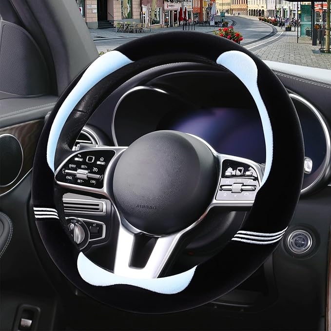 14 inch Furry Cute Steering Wheel Cover, Soft Fluffy Short Plush Auto Accessories, Non-Slip Cold-Proof Sweat-Proof Colorfast(Black with Blue)