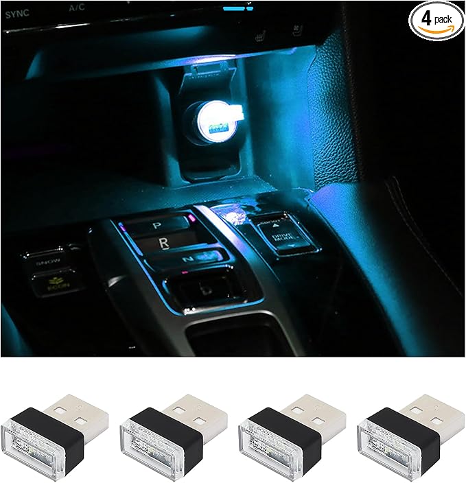 Augeny 4 PCS USB LED Car Interior Atmosphere Lamp, Plug-in USB Decor Night Light, Portable Auto Ambient Lighting Kit, Universal Vehicle Interior Accessories for Most Cars (Ice Blue)