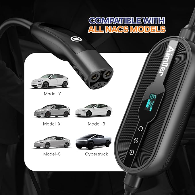 AIMILER Level 2 Tesla Charger(WiFi APP), 32A, 25ft Cable ETL Certified, 220V-240V NEMA 14-50P Plug EVSE w/Nacs Connector, Portable/Home Electric Car(EV) Charger for Tesla Model X/Y/3/S or Nacs EVs