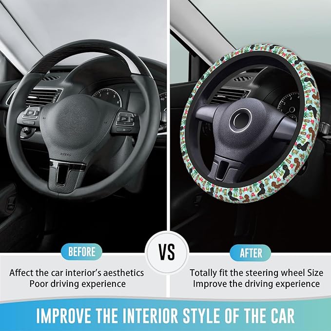 Elastic Steering Wheel Cover Car Accessories Cute Universal 15 Inch Absorbing Sweat Non-Slip Breathable for Man Woman, Cute Dachshund Floral