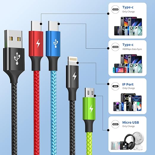 Car Accessories Multi Charging Cable [3Pack 5FT], Travel Essentials 4 in 1 Charging Cords, USB Cable Phone Charger with IP/Type C/Type C/Micro, Compatible with Most Phones/Tablets and More