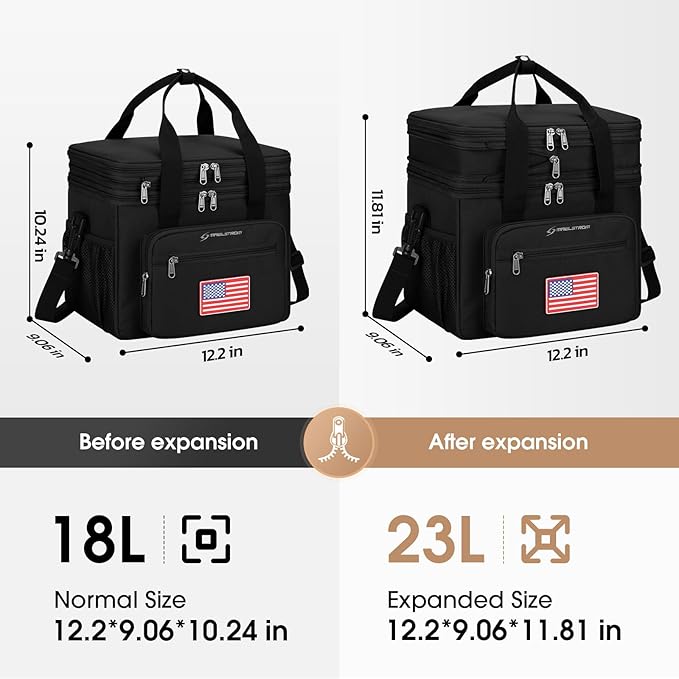 Maelstrom Lunch Box, 23L Insulated Lunch Bag, Expandable Double Deck Cooler Bag, Lightweight Leakproof Tote Bag With Side Tissue Pocket, Suit For Men and Women (F Black with DIY Hook-and-Loop)