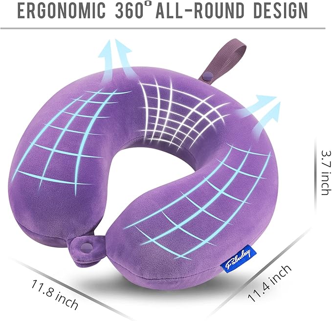 Neck Pillow for Travel Memory Foam - Airplane Pillows for Sleeping with Attachable Snap Strap Soft Washable Cover, Flight Pillow for Traveling, Car, Home, Provide Head Neck Support Rest Purple