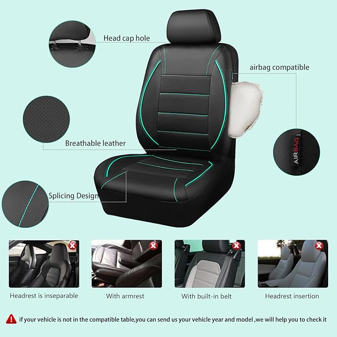 CAR PASS Universal FIT Piping Leather Car Seat Cover, for suvs,Van,Trucks,Airbag Compatible,Inside Zipper Design and Reserved Opening Holes (Full Set, Black and Mint)