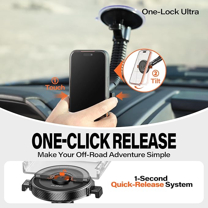 A2C One-Lock Ultra Off-Road Truck Phone Mount, Magnetic Alignment with Automatic Dual-Latch Locking System, One-Hand Quick Release, 4.33" Heavy-Duty Vacuum Suction Cup, Anti-Shake Double-Rib Metal Arm