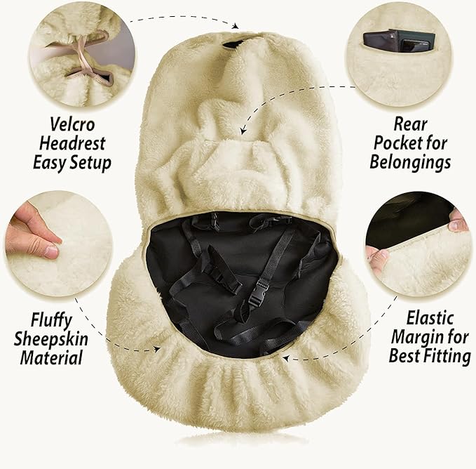 ZONETECH Sheepskin Seat Covers Fuzzy Car Seat Covers Tan Australian Merino Wool Fluffy Fur Auto Accessories All Season Protection for Your Seats Universal Fits Most Car SUV Airbag Compatible 4-Pack
