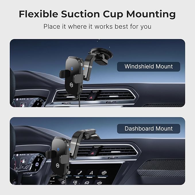 Auto Scan Fast Wireless Car Charger Phone Mount with Multi-Angle Adjustable Suction Cup – 15W Wireless Charging, Auto Scanning, Adjustable Grip for Phones 71mm-112.6mm