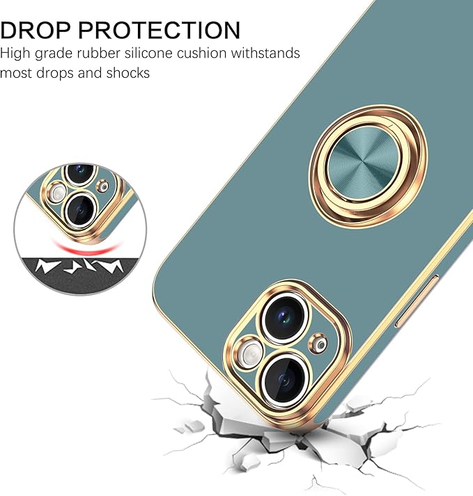 VENINGO iPhone 14 Case,Phone Cases for iPhone 14,Slim Fit Soft 360° Ring Holder Kickstand Magnetic Car Mount Supported Easy Clean Shockproof Protective Cover for Apple iPhone 14 6.1", Blue Grey/Golden