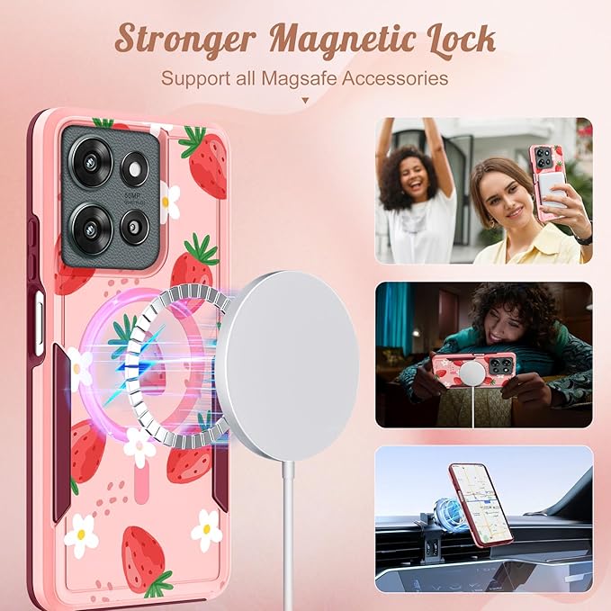 for Moto G 2025 Case Women - Compatible with MagSafe Cute Girls Magnetic Protective Phone Cover Girly Kawaii Strawberry Heavy Duty Shockproof Design for Motorola Moto G 5G 2025 Cases