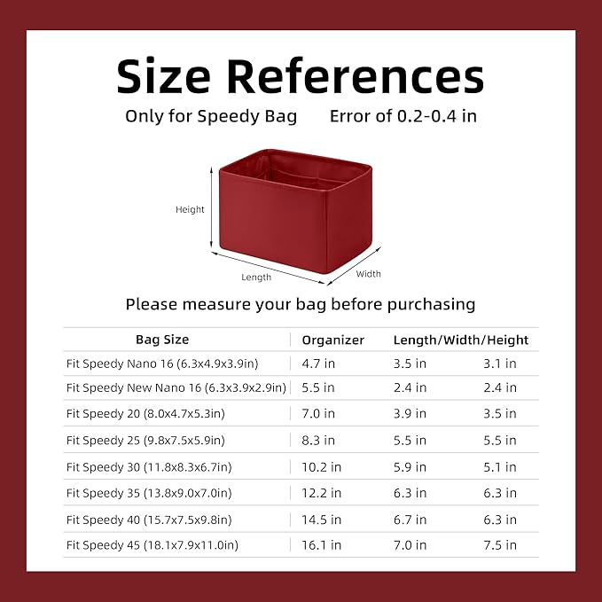 DGAZ Silk Purse Organizer Insert Fits LV Speedy 16/20/25/30/35/45 bags，Silky Smooth Bag Organizer，Luxury Handbag & Tote Shaper（Wine Red，SP45）
