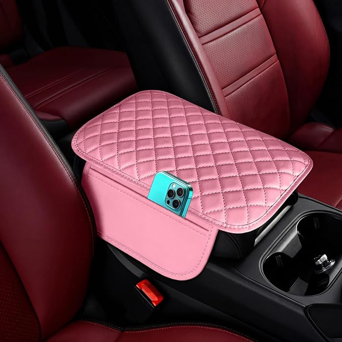 Upgraded Car Center Console Cover Pink,Microfiber Leather Car Armrest Cover Cushion with 2 Storage Bags,Universal Car Armrest Storage Box Car Interior Accessories for Most Vehicles (Pink)