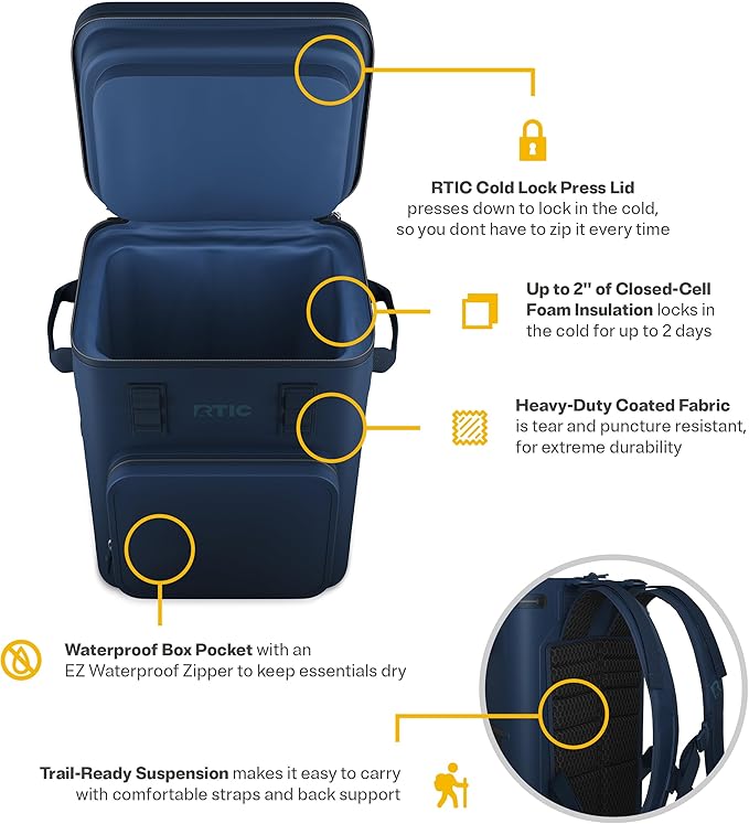 RTIC 24 Can Ultra-Tough Backpack Cooler, Insulated, Waterproof, Leak Proof, Portable Floating Bag for Beverage, Drink, Lunch, Outdoor, Beach, Car, Camping, Picnic, Fishing, Boat