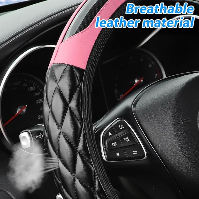 Carbon Fiber Car Steering Wheel Cover, Leather Breathable Non-Slip 14.5-15 Inch Vehicle Steering Wheel Protector, Auto Interior Protection Accessories, Universal for SUV Sedan Truck(Pink)