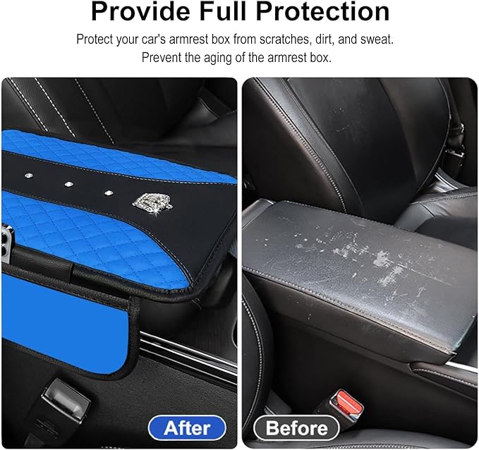 NBTEPEM Bling Crown Car Center Console Armrest Cover, Leather Middle Console Cover Cushion with 2 Storage Bags, Car Armrest Storage Box Interior Accessories for Most Vehicles(Blue)