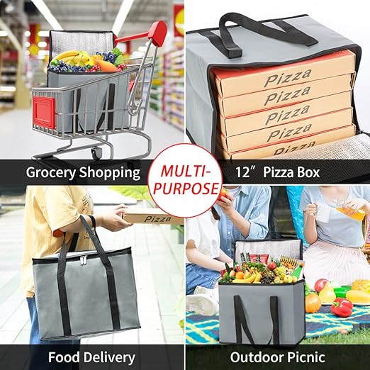 CIVJET 1-Pack Insulated Reusable Grocery Bags, X-Large Insulated Food Delivery Bag for Doordash/Catering/Uber Eats, Commercial Food Warmer for Shopping, Tote Cooler Bags, Dark Grey