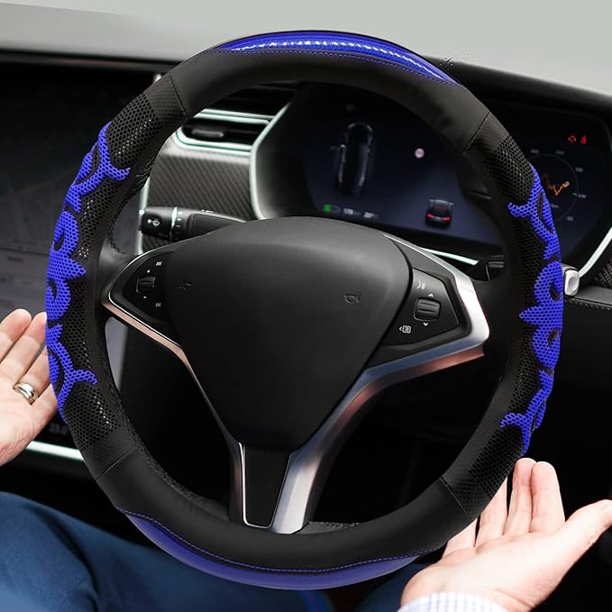 Sport Style Black Leather Steering Wheel Cover with Blue Lucky-Cloud-Design Grip Steering Wheel Accessory,Universal Fit 14.5-15.25 inch Steering Wheel