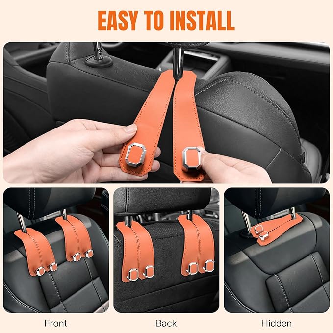2PCS Car Hooks for Headrest, Faux Leather Purse Hook for Car Seat Back Organizers and Storage, Double Metal Purse Holder Bag Hanger, Universal Car Interior Accessories for Women Man