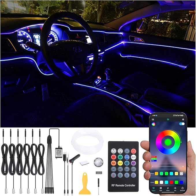Car Ambient Lighting Optic Fiber 64 Colors Music Sound Active with RF Remote Control + APP Control Car Decorative Atmosphere Lighting Kit DC 12V 1W 8m