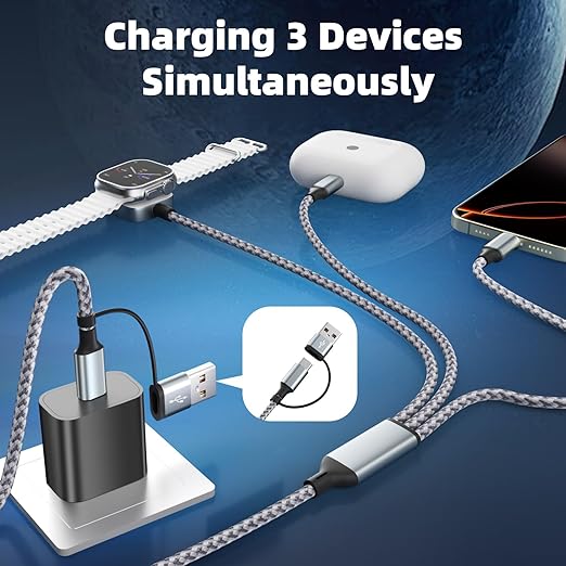Travel Essentials 3 in 2 Charging Cable for Apple iWatch Charger (2Packs 5FT), UB-A/USB-C Multi Charging Cable/Cord for All Devices Compatible for iWatch Ultra/SE/10-1, iPhone16 15 14, Android, More