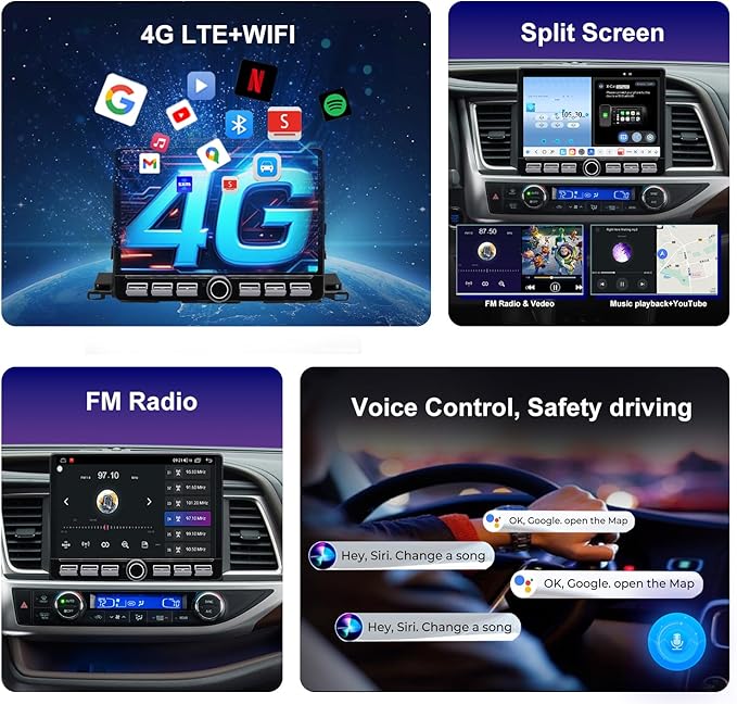 4G LTE QLED Radio for Toyota Highlander 2014 2015 2016 2017 2018 2019 Upgrade,8-Core CPU Touch Screen Stereo,Wireless CarPlay & Android Auto,Support OEM SWC and Camera