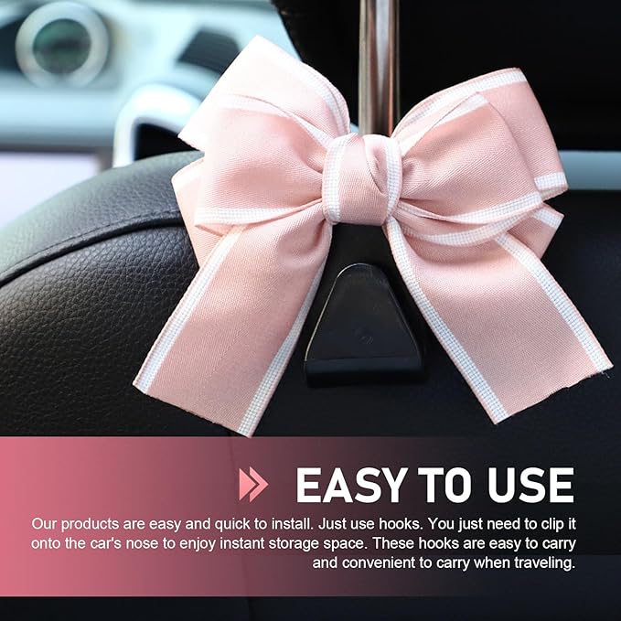 2 PCS Car Seat Headrest Hooks, Cute Bow Back Seat Storage Hangers for Handbag Purse Coat, Universal Auto Organizer Hooks (Pink Line)