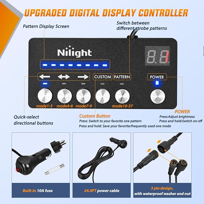 Nilight 60 Inch Emergency Strobe Light Strips with Controller, 384LED Flashing Warning Hazard Safety for Rear Window Tailgate on Truck Trailer Construction Plow Pickup Tow SUV Vehicles, Amber White