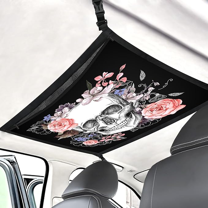 Skull Car Ceiling Cargo Net Pocket Hanging Storage Bag with Zipper 31.5"x21.6" Double-Layer Mesh Car Roof Storage Organizer Long Road Trip Truck SUV Travel Camping