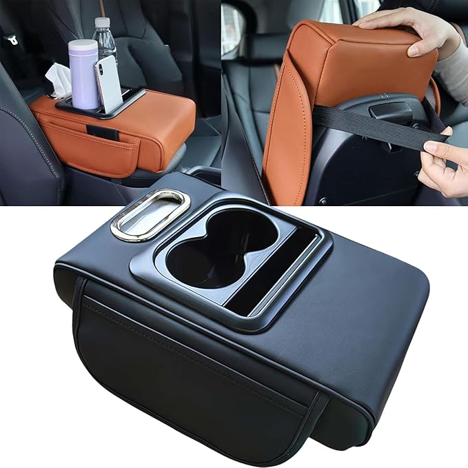 Car Armrest Cushion,5-in-1 Center Console Cover with 2 Storage Bags Cup Holder, Tissue Box Slot, Phone Slot for Car Sedans,Car Interior Accessories for Most Vehicle, SUV, Truck,Cars (Black)